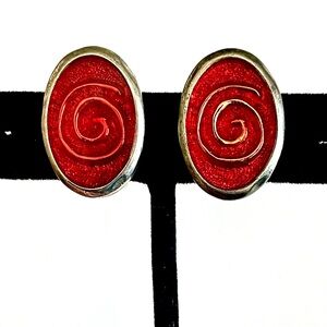 Vintage Red Enamel Swirl Spiral Clip Earrings Gold & Silver Tone Retro Chic EUC